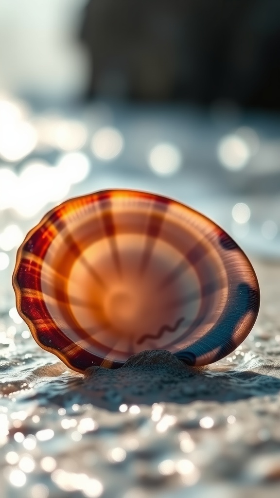 4K wallpaper of a detailed clam shell with ocean background.